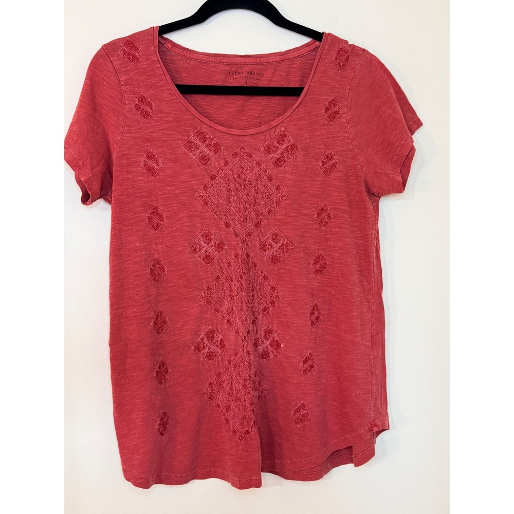 Lucky Brand Womens Rust Red Embroidered Slub Knit Cotton T-Shirt Size Large
